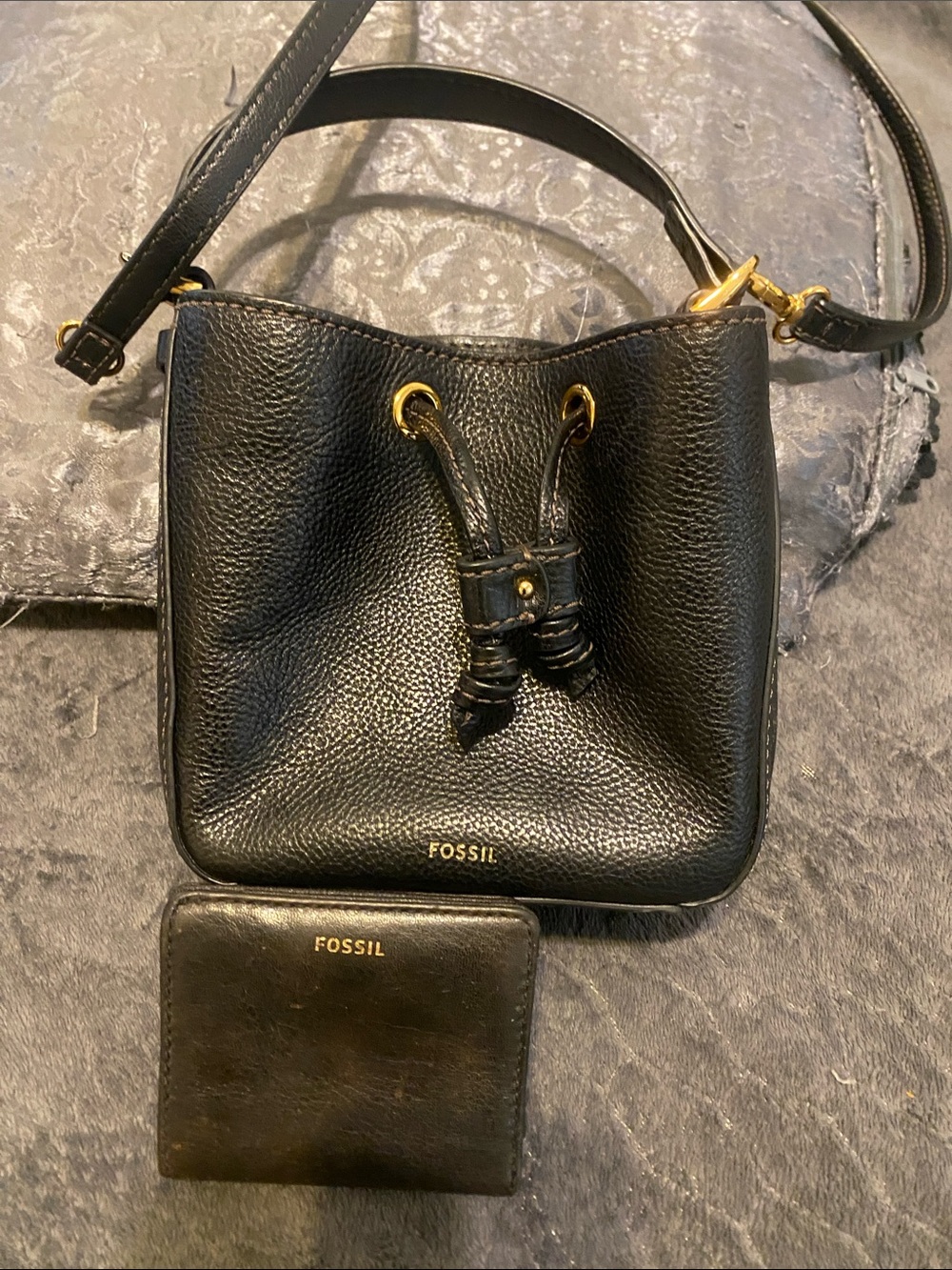Fossil Black Pebbled Leather Drawstring Mini Crossbody